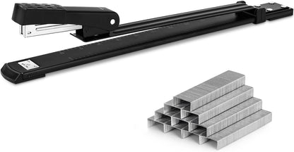 Deli Long Reach Stapler with 1000 Staples, 20 Sheet Capacity, Long Arm Standard Staplers for Booklet or Book Binding, Black