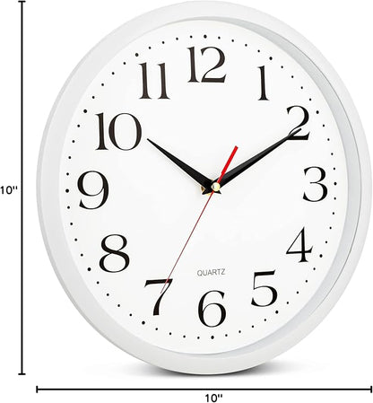 Bernhard Products White Wall Clock Silent Non Ticking, 12 Inch Quality Quartz Battery Operated Round Easy to Read Home/Office/Kitchen/Classroom/School Sweep Clock, Black Hands