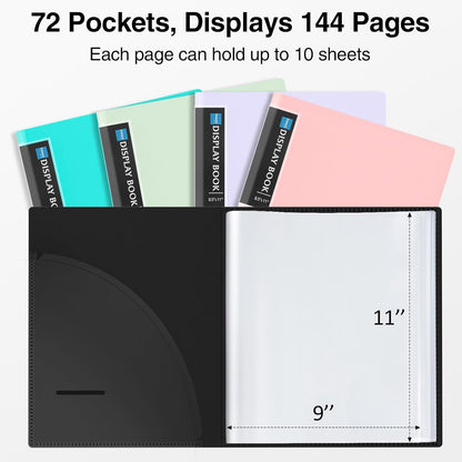Sooez 72 Pocket Binder with Plastic Sleeves & Elastic Band, Large Capacity 8.5x11 Presentation Book Display 144 Pages, Art Portfolio Document Folder with Clear Sheet Protectors for Office School
