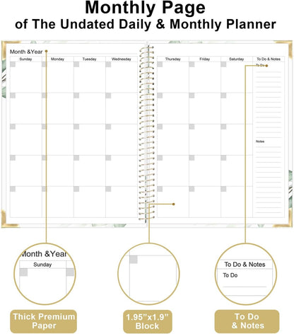 Undated Daily Monthly Planner for 2025 2026 - A4 To Do List with Hourly Schedule, Hardcover Spiral Bound Daily Planner to Increase Focus, Stylish School/Office Supplies, 8.5" x 11", Green Leaf
