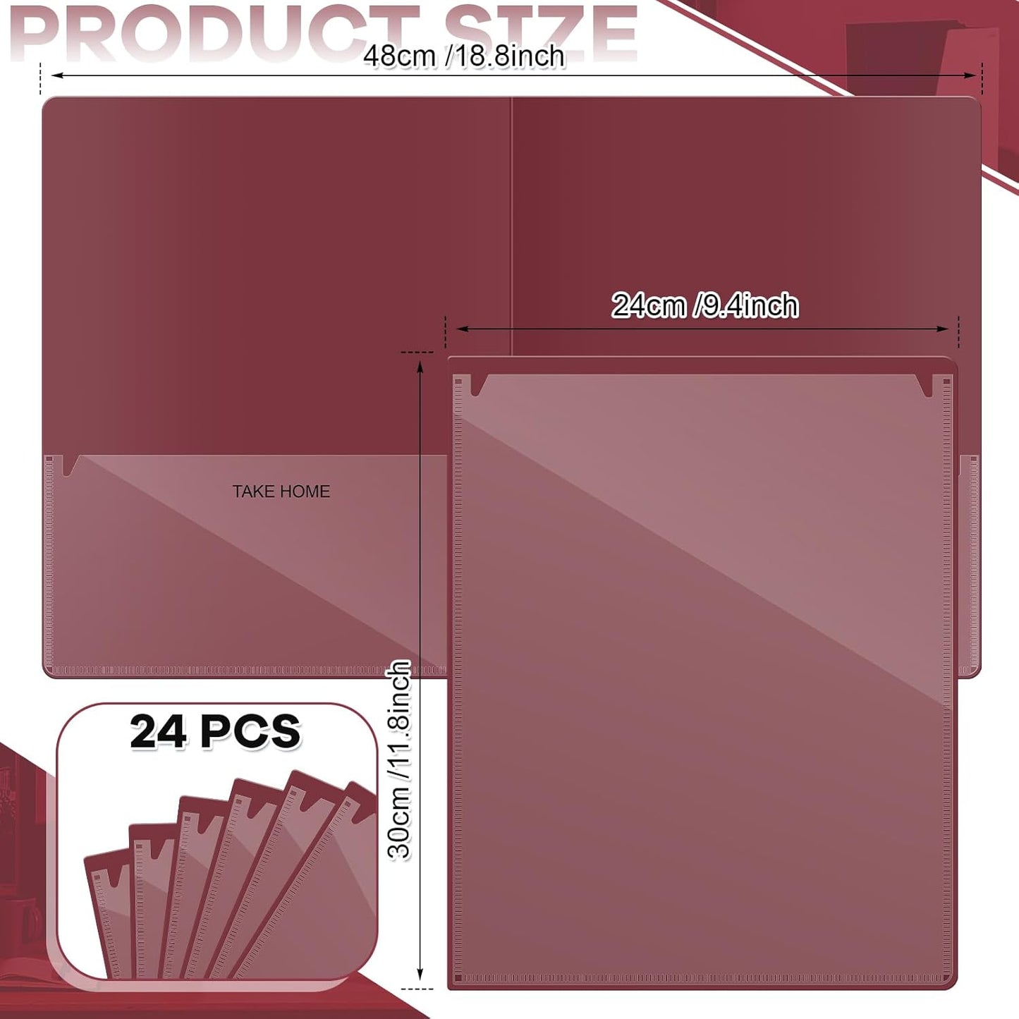 Henoyso 24 Pcs Folders Take Home Heavy Duty 2 Pocket Homework Folders with Clear Front Pockets for Elementary Students Parent Teacher Communication (Maroon)