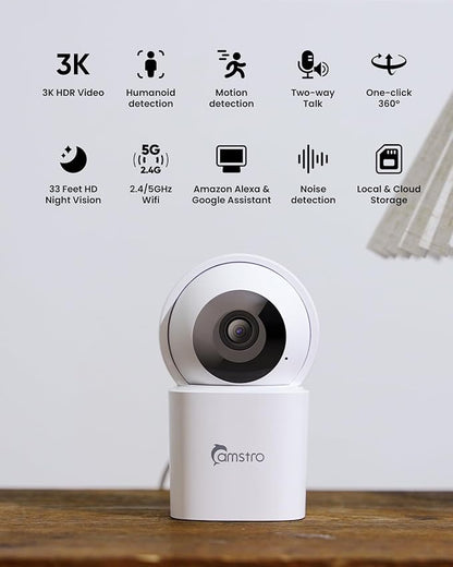 3K Indoor Security Camera 2 Pack, 360° Pan/Tilt WiFi Camera for Home Security, 2.4/5GHz Pet/Dog/Baby Camera with Phone App, Night Vision, Two-Way Audio, 24/7 SD/Cloud Storage, Works with Alexa