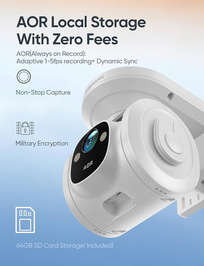 4G LTE Cellular Security Camera Outdoor 2.5K QHD, No WiFi 24/7 Recording, vSIM & 64GB SD, 8W Solar Panel Powered, Pan Tilt AI Person/Animial/Vehicle Tracking, Color Night Vision, IP67 Cold-Resistant