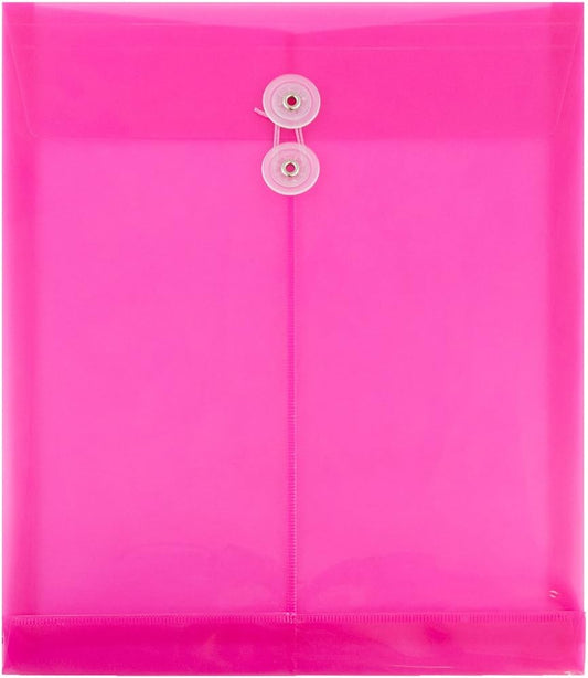 JAM PAPER Plastic Envelopes with Button & String Tie Closure - Letter Open End - 9 3/4 x 11 3/4 - Fuchsia - 12/Pack