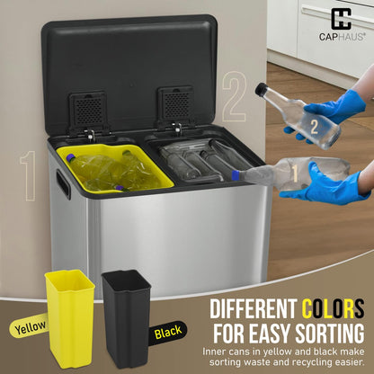 CAPHAUS Dual Trash Can with Lid, Trash and Recycling Bins Combo for Kitchen, Hands-Free Stainless-Steel Garbage Can with 2 Compartment, Hinged Lid, Odor Filter, Handles, 30L+30L, 2 x 8 Gallon