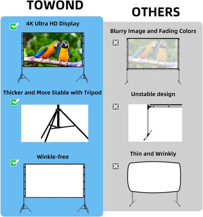 TOWOND Projector Screen with Stand, 100 inch Outdoor Projector Screen Portable Indoor Projection Screen 16:9 4K Rear Front Movie Screen with Carry Bag for Home Backyard Theater