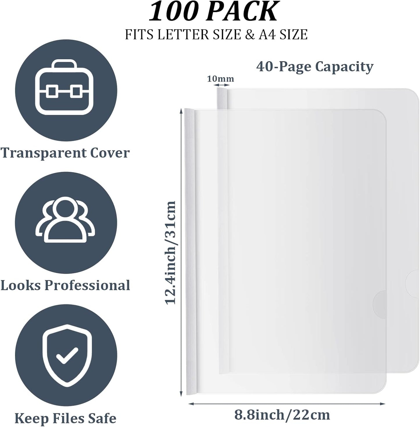 BBTO 100 Pcs Clear Report Covers with Sliding Bar for A4 Paper Resume Covers Presentation Folders File Document Binder for School Business, Letter Size 12 x 8.7 Inches(White)