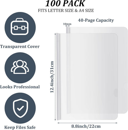 BBTO 100 Pcs Clear Report Covers with Sliding Bar for A4 Paper Resume Covers Presentation Folders File Document Binder for School Business, Letter Size 12 x 8.7 Inches(White)
