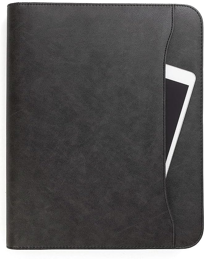Padfolio Binder - Professional Faux Leather Travel Organizer Pouch for Tablet, Documents, Presentation Folders, Zipper Closure, Removable 3-Ring Notepad - Black