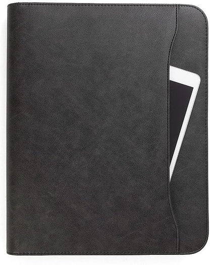 Padfolio Binder - Professional Faux Leather Travel Organizer Pouch for Tablet, Documents, Presentation Folders, Zipper Closure, Removable 3-Ring Notepad - Black