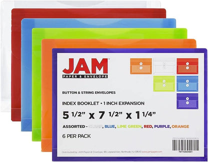JAM PAPER Plastic Envelopes with Button & String Tie Closure - Index Size - 5 1/2 x 7 1/2 - Assorted Colors - 6/Pack