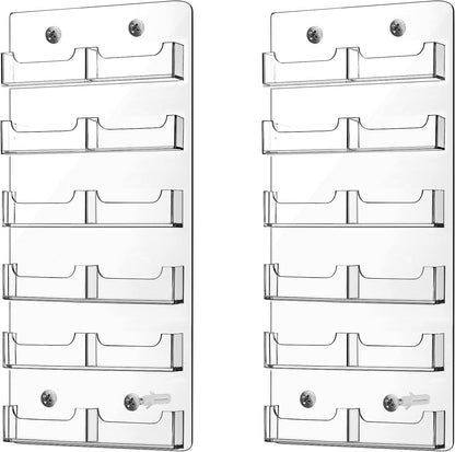 Qunclay 2 Pack 12 Pocket Acrylic Business Card Holder Wall Mount Clear Sticker Display Rack Vertical Multiple Gift Card Rack Display Stand for Home Documents Brochures Hanging Organizing Office Table