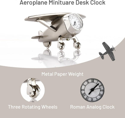 Aeroplane Miniature Table Clock with Rotating Wheels, Stylish Analog Desk Clock & Paper Weight, Manual Adjustment, Easy Battery Replacement, Students, Vintage Decor for Home & Office