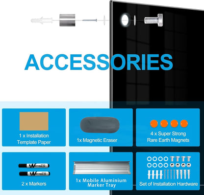 KIZZBY Black Glass Dry Erase Board - Magnetic Blackboard for Wall, 48"x36" Large Frameless Black Whiteboard for Office, Home & School