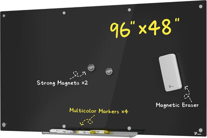 TOWON 8 x 4ft Glass Whiteboard Wall, Black Magnetic White Board Dry Erase 96 x 48 in, Big Glass Dry Erase Board with Multi-Color Markers, Strong Magnets, Pen Tray and Eraser, Frameless