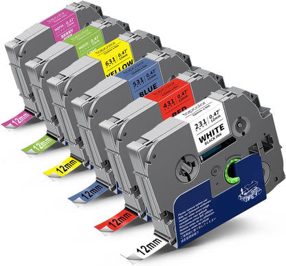 6-Pack 12mm 0.47" Multi-Color Label Tape Compatible for Brother Tze431 Tze531 Tze631 Tze MQG35 MQP35 P Touch Tze Tz Tape 12mm 0.47" Laminated White for PTH110 PTD220 PTD210 PTD400 PTD610BT