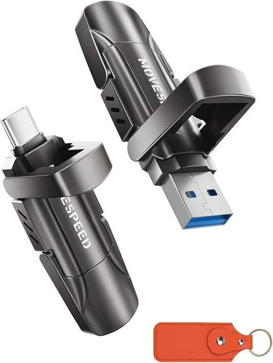 MOVE SPEED 128GB Thumb Drive, 1000MB/s Read Write Speed, USB 3.2 Gen2+Type C Dual Interface SSD Drive with Leather Case Memory Stick for iPhone 15, 16, 17 Series/MacBook/Android/Audio etc(1 Pack)