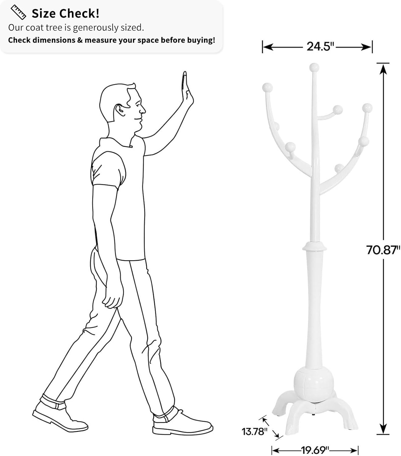 Coat Rack, Solid Wood Coat Racks Stand, Free Standing Coat Rack Coat Hanger with Hooks for Jaceket, Winter Coats, Entryway, Hallway, Bedroom - Load 160lbs (White)