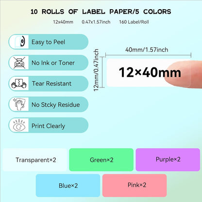 D30 P21 Label Maker Tape Refill 12mm×40mm(0.47"x1.57") Sticker, Laminated Thermal Label Tape Replacement, 1650 Labels/10Rolls, High Definition Labeling Tape for Home Office School Hotel