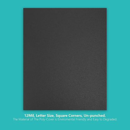 Binditek 50 Pack 12 Mil Sand-Textured Polycover - Plastic Binding Cover for Letter Size - Business Reports and Proposals - Lightly Sanded Finish - Square Corners, Un-Punched, Black