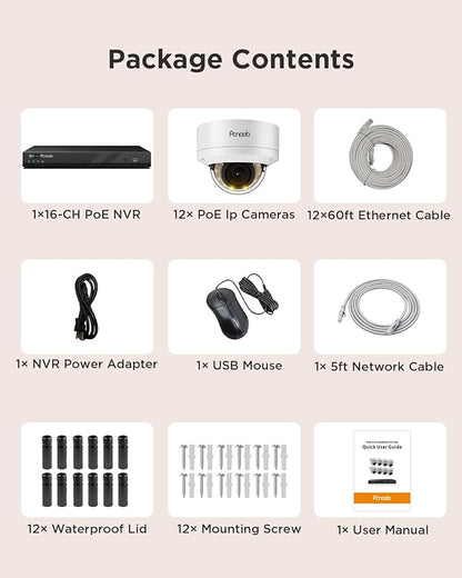 16 Channel Security Camera System, 12x 8MP IK10 Vandal Proof Dome Camera Outdoor, Human Vehicle Detection, Color Night Vision, 2 Way Audio 24-7 Recording, 4K 16CH NVR 4TB HDD, PD54Y1216-8M