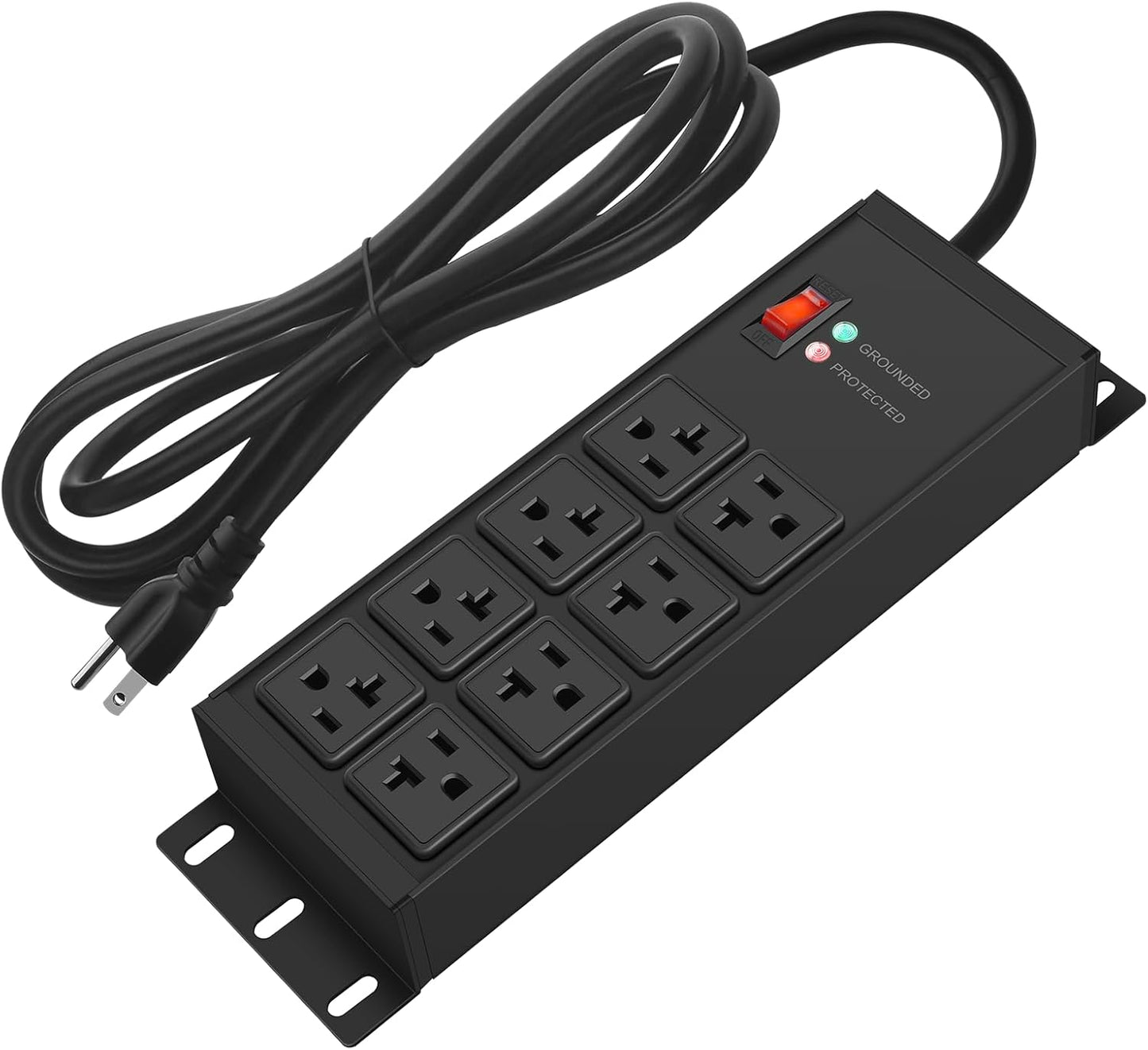 CCCEI Magnetic Heavy Duty Power Strip Surge Protector 20Amp, 12 Gauge High Amp Extension Outlets, Garage Wall Mount 8 Plug Metal Power Strip. 10FT, Black, 5-15P Adapter 6-20R T-Slot 20a for Appliance