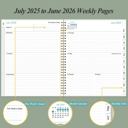 2025-2026 Planner - Academic Planner 2025-2026 from July 2025 to June 2026 with 12 Monthly Tabs, Flexible Cover, Inner Pocket, 8.5" x 11", Green