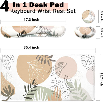 4-in-1 Large Mouse Pad, Keyboard Wrist Rest Pad & Wrist Support Mousepad Set, Extended Desk Pad Waterproof Desk Mat for Home Office Study Game - Leave