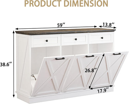 Farmhouse Tilt Out Trash Cabinet, Triple 13 Gallon Wooden Kitchen Trash Can Cabinet with Hideaway Drawer, Freestanding Garbage Recycling Cabinets, Pet Proof, Power Outlets, 59 Inch, White