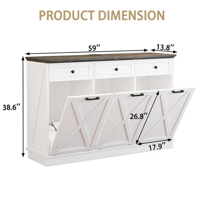 Triple 13 Gallons Tilt Out Trash Cabinet, Farmhouse Garbage Recycling Cabinet with Power Outlets, 3 Drawers, Pet Proof, Freestanding Kitchen Trash Bin Cabinets, White