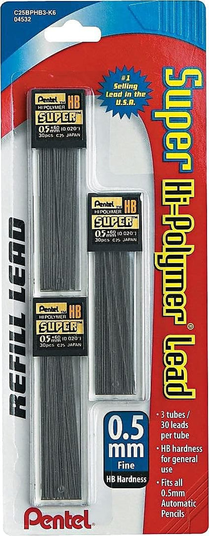Pentel C25BPHB3K6 Super Hi-Polymer Lead Refills, 0.5mm, HB, Black, 30/Tube, 3 Tubes/Pack