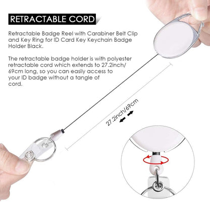 Retractable Badge Holder with Carabiner Reel Clip and Key Ring for ID Card Key Keychain Holders White 10 Pieces