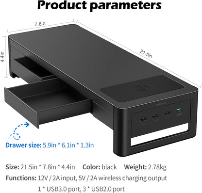 meatanty 3 In 1 Monitor Stand Riser with 2 Drawers,1 Wireless Charging Module and 4 USB Ports,Metal Computer Stand Support Transfer Data & Charging,Desk Organizer for PC,iMac (21 inches)