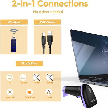 NADAMOO Wireless Barcode Scanner 328 Feet Transmission Distance USB Cordless 1D Laser Automatic Barcode Reader Handhold Bar Code Scanner with USB Receiver for Store, Supermarket, Warehouse - Violet