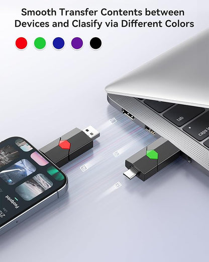 Aiibe 64GB USB C Flash Drive 5 Pack Type C + USB-A Dual Thumb Drive USB2.0 Memory Stick 64GB Flash Drives Push-Pull Portable Stick 64 GB (5 Pack, Black Green Red Blue Purple)