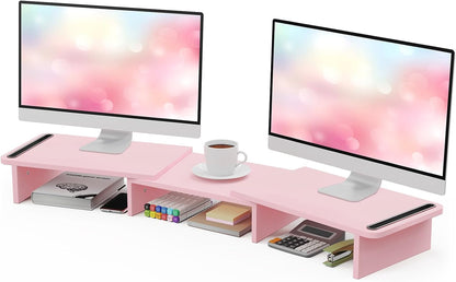 Zimilar Dual Monitor Stand Riser, Monitor Stand with Adjustable Length and Angle, Wood Monitor Stand for Desk, Monitor Riser for 2 Monitors with Storage Space