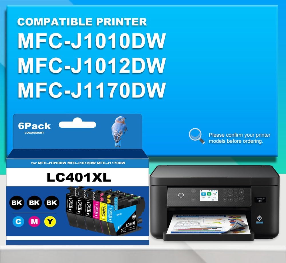 LC401XL Ink Cartridges for Brother Printer Compatible for LC401 Ink Cartridges for MFC-J1010DW MFC-J1012DW MFC-J1170DW Printer 6 Pack (3 Black, 1 Cyan, 1 Magenta, 1 Yellow)