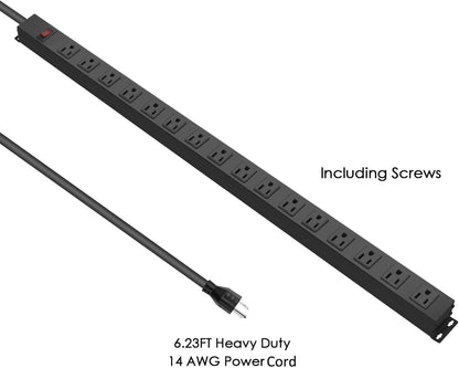 Metal Wall Mount Power Strip, Mountable Power Outlet, Aluminum Alloy Mount Power Socket with Switch, 6 FT SJT 3/C 14AWG Power Cord, 15A 125V 1875W (16 Outlet)