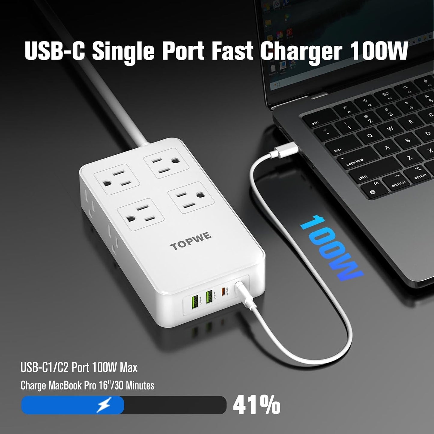 Power Strip Surge Protector with Multiple Outlets, Charging Station(100W Max), Flat Plug Extension Cord 10 Ft Long Cord, 8 Outlets & 4 USB Ports (2 USB C), Desk Charging Station for Home Office