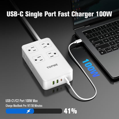 Power Strip Surge Protector with Multiple Outlets, Charging Station(100W Max), Flat Plug Extension Cord 10 Ft Long Cord, 8 Outlets & 4 USB Ports (2 USB C), Desk Charging Station for Home Office