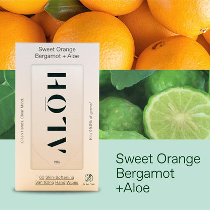 ALŌH Sweet Orange Bergamot + Aloe Sanitizing Hand Wipes - Clean Hands, Clear Mind - On The Go Hand Sanitizing Wipes for Kids and Adults - Travel Size 3 Pack 20ct Wipes (60 wipes)