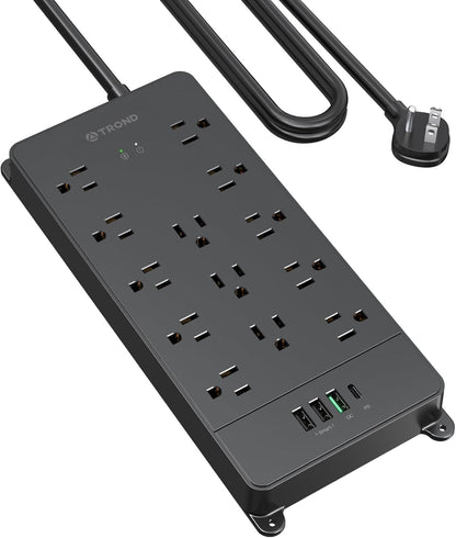 TROND Surge Protector Power Strip, 5ft Heavy Duty Extension Cord with 32W USB C & QC 3.0 Charger, 4000 Joules, ETL Listed, 13 Wide Spaced Outlets, Flat Plug, Wall Mount for Home Office Supplies, Black