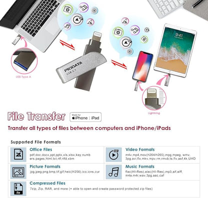 iXflash 256GB iPhone iPad Flash Pen Drive USB 3.1 Apple MFi Certified Lightning Connector External Storage Memory Expansion for iOS Devices/Windows/Mac