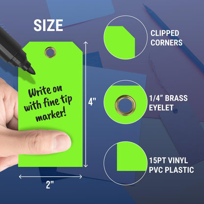 Tags 4 Less 15 Mil Waterproof Plastic Tags, Pack of 100 – 2” x 4” Heavy Duty Plastic Tags for Labeling, Outdoor Tagging, Equipment Labeling, Luggage, Valves & More (Fluorescent Green)