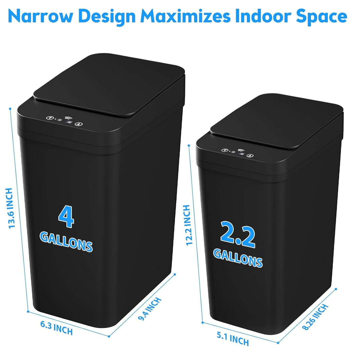 Bathroom Trash Can with Lid, 2 Pack 4 & 2.2 Gallon Automatic Touchless Garbage Can, Small Motion Sensor Smart Trash Can, Slim Waterproof Trash Bin for Bedroom, Bathroom, Office, Living Room (Black)