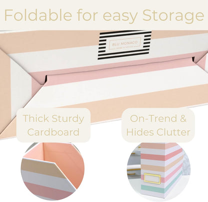 BLU MONACO Set of 4 Foldable Magazine Holders in Pastel Stripes – Sturdy Cardboard Vertical Organizers with Label Holders – Office File Storage Box, Desk Organizer, Paperwork and Document Holder
