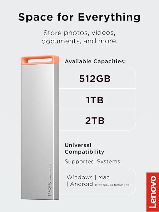 Lenovo PS8S 1TB Portable SSD, Up to 1050MB/s Read, 1000MB/s Write, USB 3.2 USB-C, Slim Lightweight (40g) Aluminum Body, Reliable Storage for PC/Mac & Android
