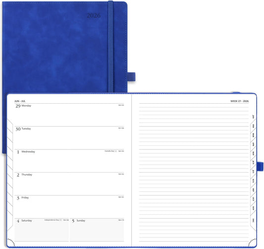 POPRUN Weekly Planner 2026 (Large 8.5" x 10.5") Calendar 12 Months Notebook with Horizontal Layout, Leather Soft Cover, Monthly Tabs, Inner Pocket, 100GSM Thick Paper, Pen Holder - Royal Blue