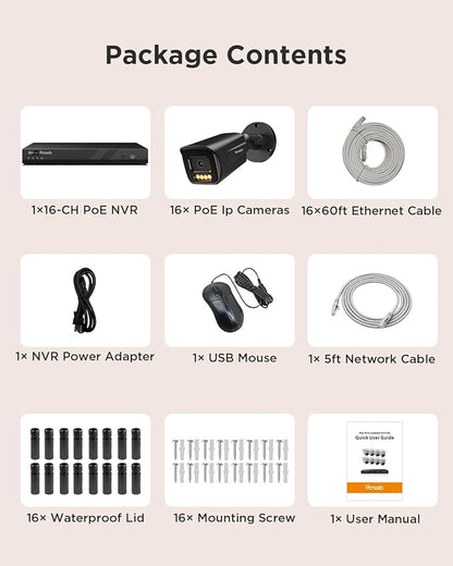 16 Channel Security Camera System 4K PoE, 16x 8MP IP Bullet Cameras Outdoor, 16CH NVR & 4TB HDD, Smart Color Night Vision, 2 Way Audio, AI Human Vehicle Detection, Remote Access, PB65B1616-8MD