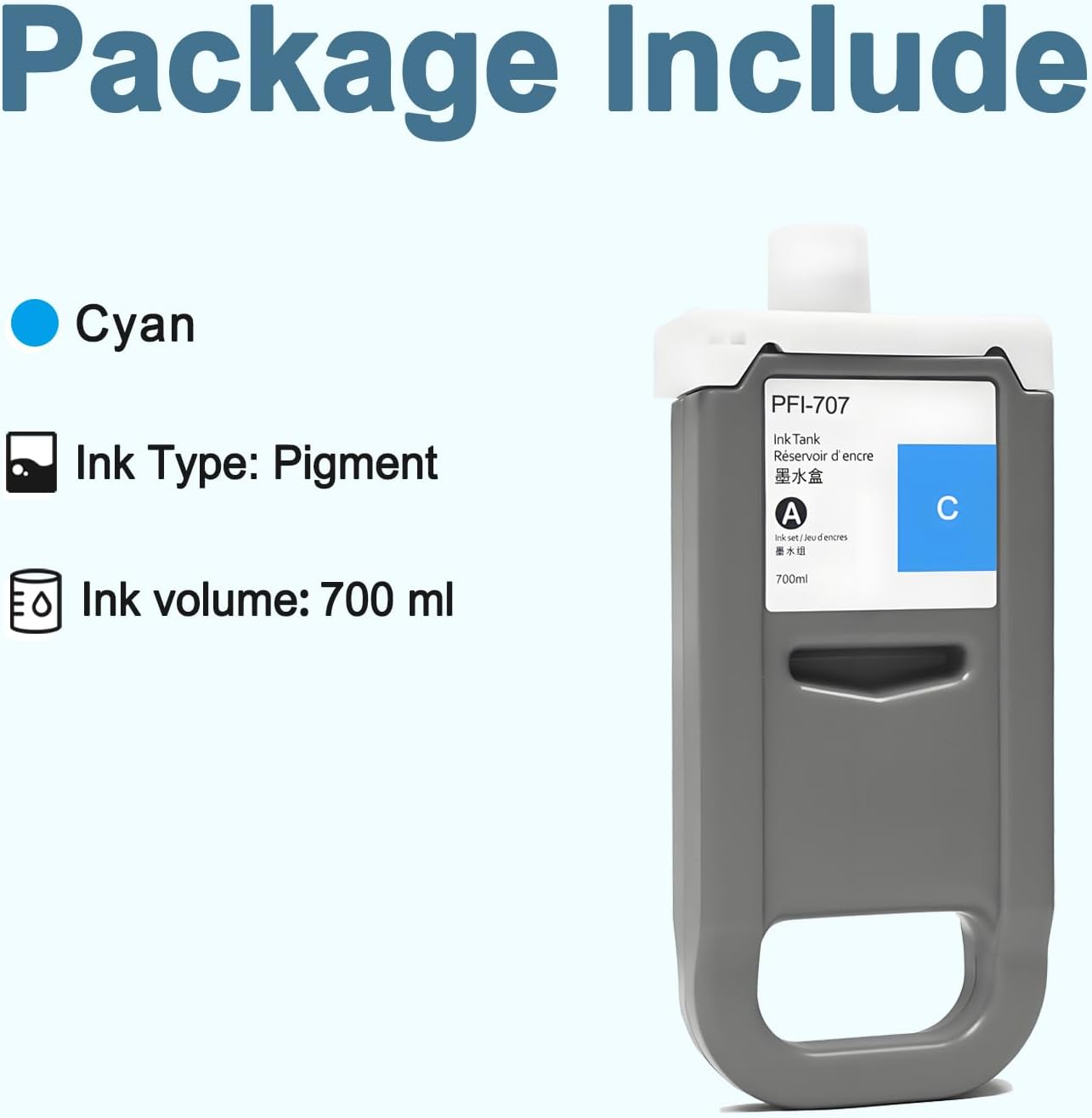 PFI-707 Ink Cartridge PFI707 Ink Tank Compatible with Canon imagePROGRAF PF830, iPF840, iPF850 CAD Plotters 700 ML (1-Pack, Cyan)